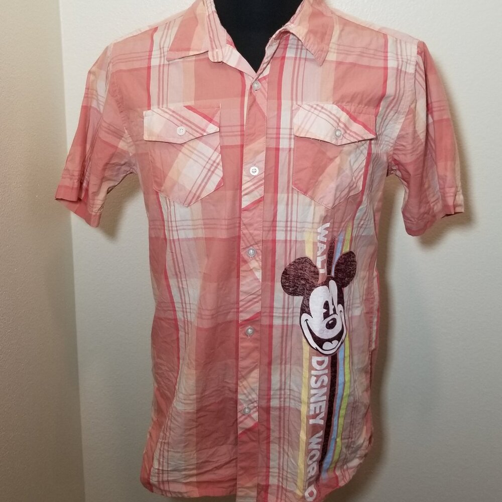 Disney Parks Mens Small Plaid Button Up Short Sleeve Shirt Mickey Disney World